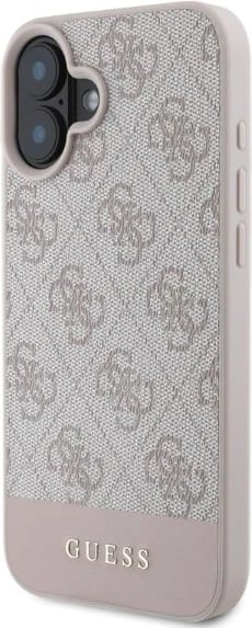 Mbështjellës Guess 4G Bottom Stripe për iPhone 16 6.1", hardcase TPU/PC/eko-lëkurë, rozë
