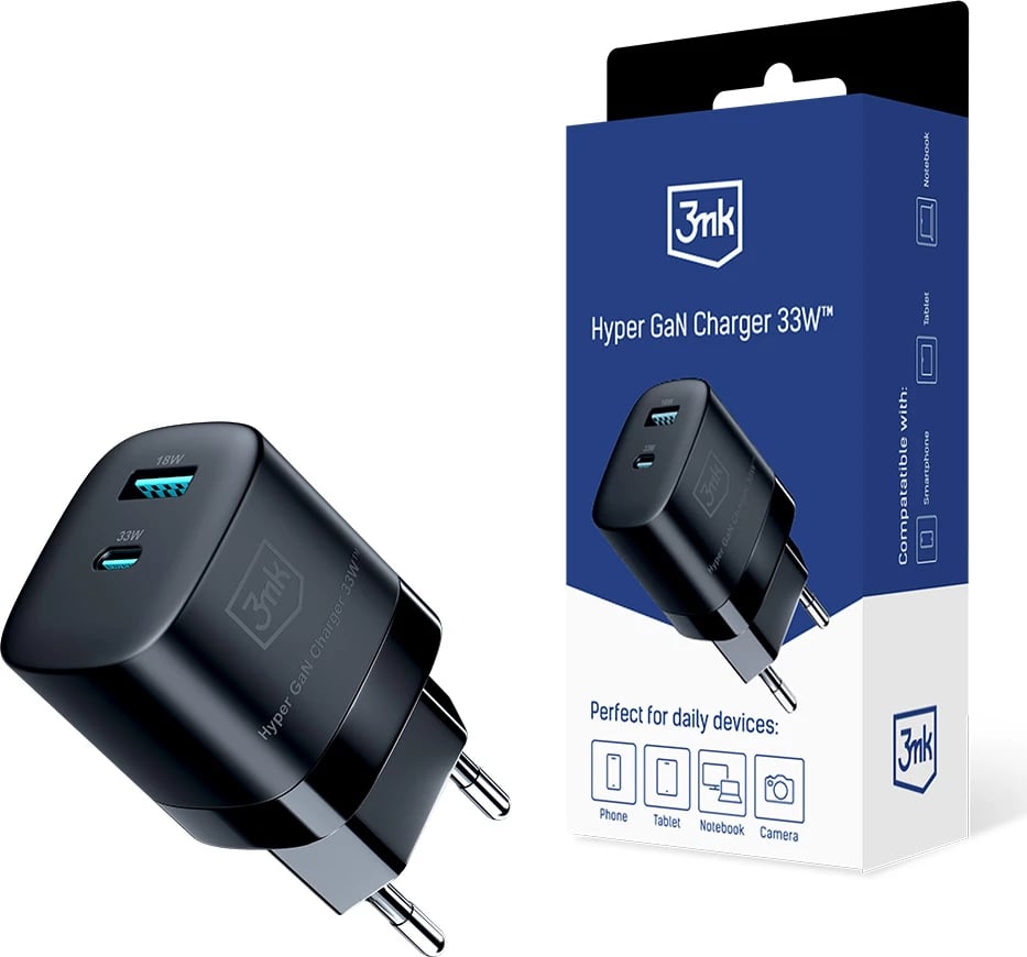 Karikues muri 3mk Hyper GaN Charger 33W, 2 porta USB-A/USB-C, i zi