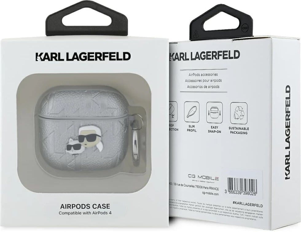 Mbështjellës Karl Lagerfeld Monogram Karl & Choupette Head për AirPods 4, argjendtë
