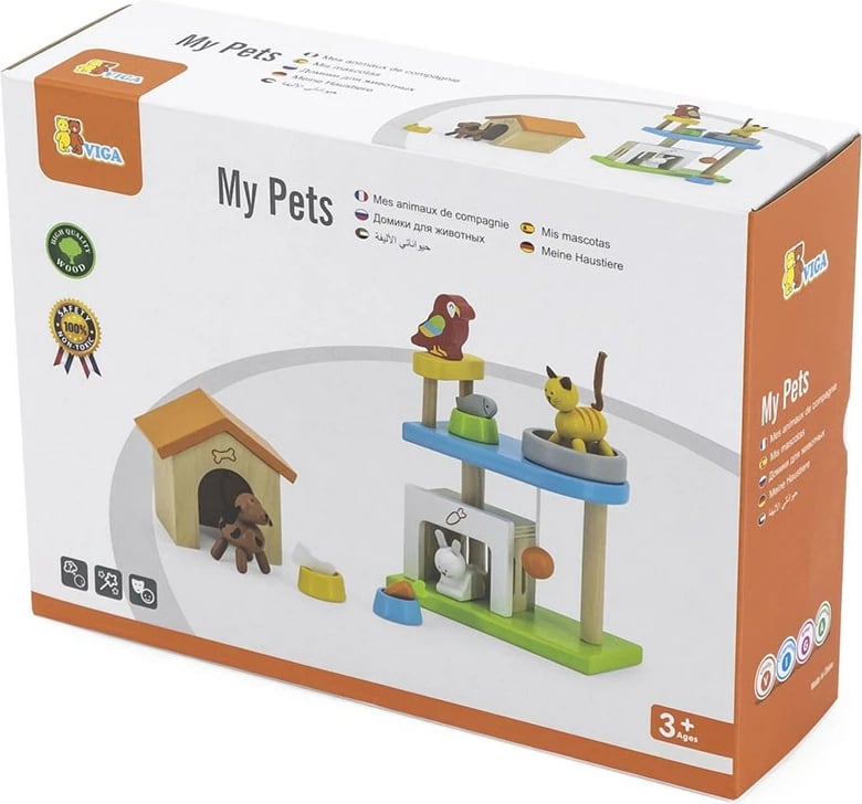Set lodrash druri, Viga Animals, 4 kafshë shtëpiake me aksesorë, fagu, 36+ muaj, shumëngjyrësh