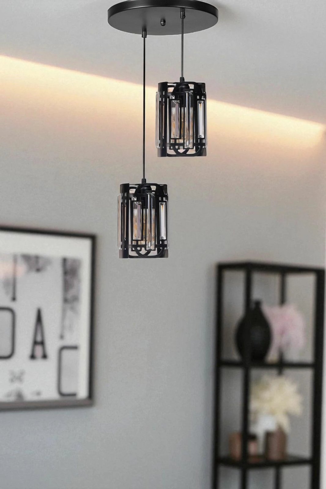 Llambë tavani Opviq, 9044-2, metal i zi, xham, lartësi e rregullueshme Llambë tavani Opviq, 9044-2, metal i zi, xham, lartësi e rregullueshme