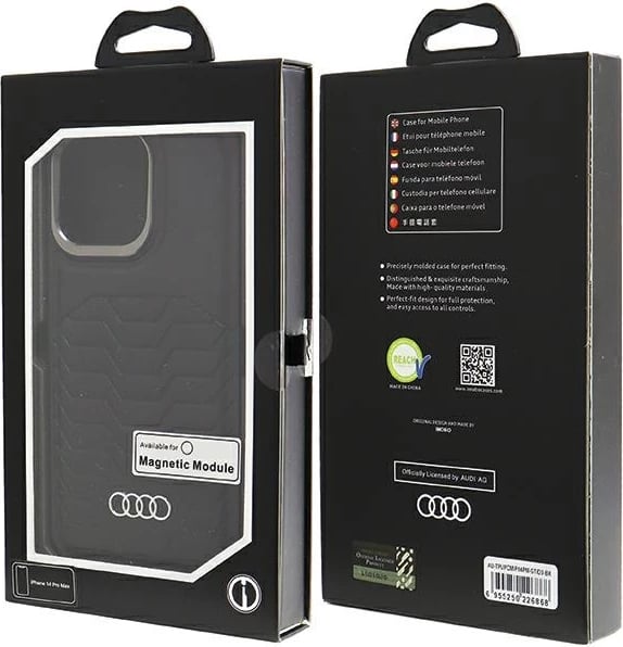 Mbështjellës Audi për iPhone 14 Pro Max, lëkurë sintetike, MagSafe, zi