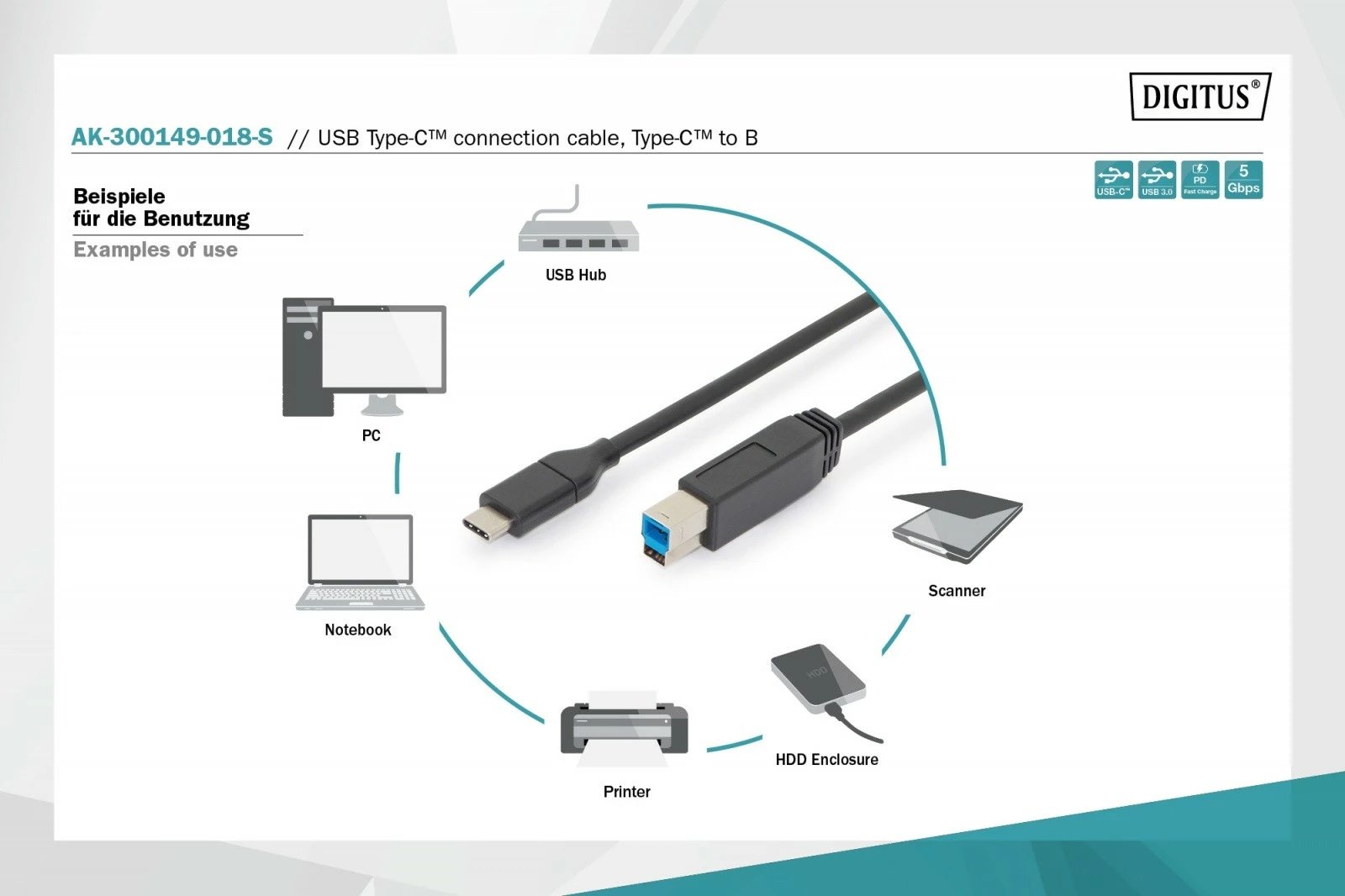 Kabllo USB 3.0 Digitus AK-300149-018-S, Type-C në Type-B, 1.8m, e zezë