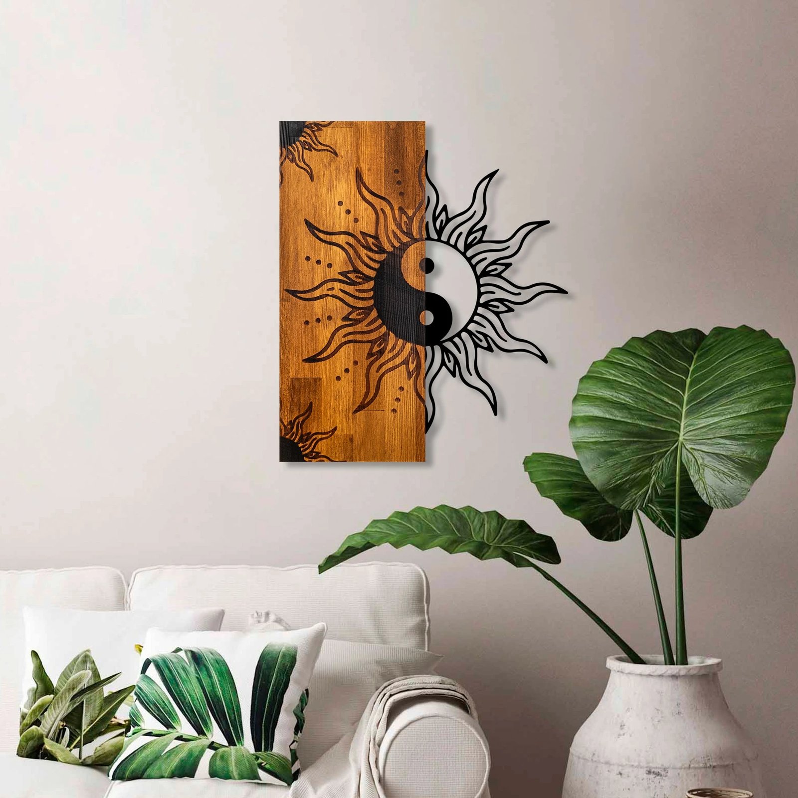 Aksesor dekorativ muri prej druri, Yin Yang, Wallity, ngjyrë arre, e zezë