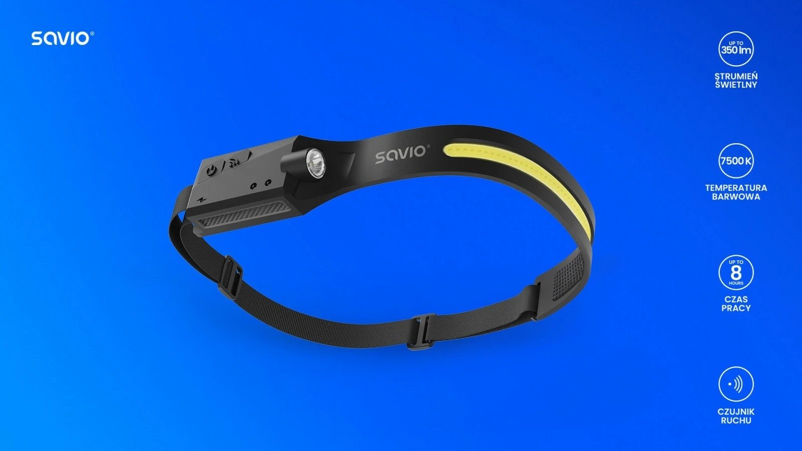 Llambë koke Savio FL-02, LED, 350 lm, sensor lëvizjeje, USB-C, e zezë