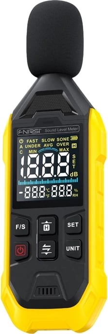 Matës zhurme (decibelësh) FNIRSI FDM01 30-130 dB A-weighting FAST/SLOW me matje temperature e lagështie ekran 2.3″ USB-C bateri 600 mAh verdhë/zi