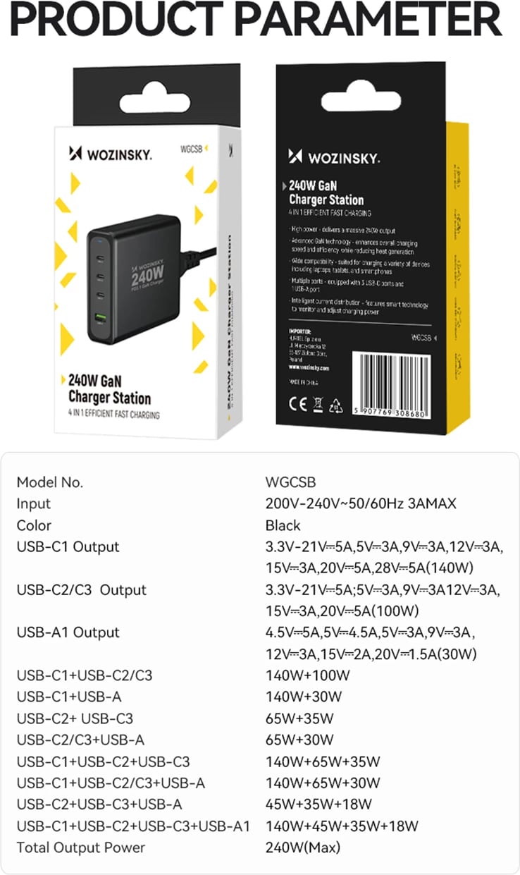 Karikues muri Wozinsky WGCSB, 240W, 3x USB-C, 1x USB-A, GaN, i zi Karikues muri Wozinsky WGCSB, 240W, 3x USB-C, 1x USB-A, GaN, i zi