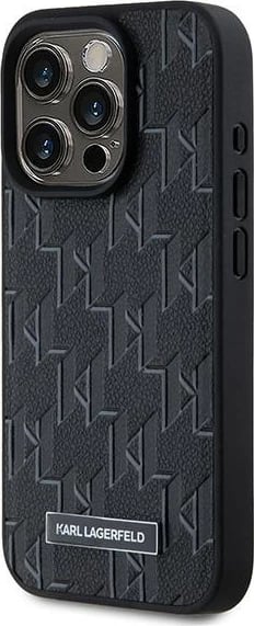 Mbështjellës Karl Lagerfeld Leather Monogram Metal Logo për iPhone 15 Pro Max, i zi