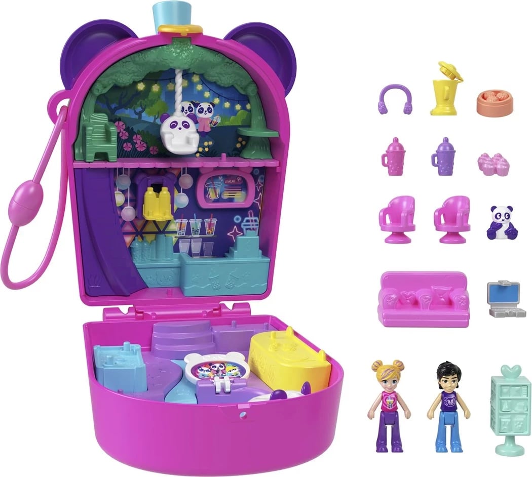 Set lodrash Polly Pocket Bubble Tea Panda Compact me 2 kukulla të vogla dhe panda, shumëngjyrësh