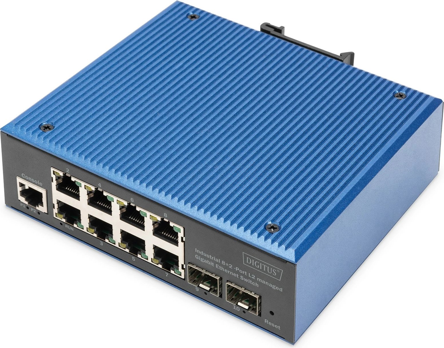 Switch industrial Digitus DN-651156, 8x RJ45 GE, 2x SFP, menaxhim L2, kasë metalike, IP40, blu