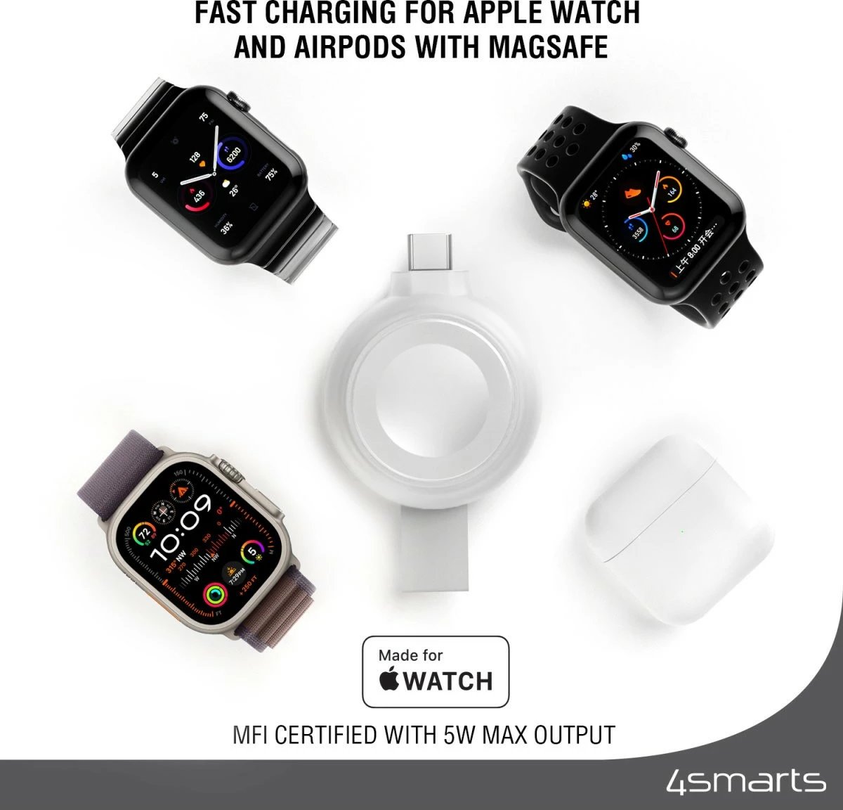 Karikues i shpejtë Apple Watch 4smarts MFi, USB-C, argjendtë
