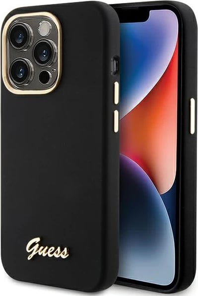 Mbështjellës Guess Silicone Script Metal Logo & Frame për iPhone 15 Pro Max, i zi