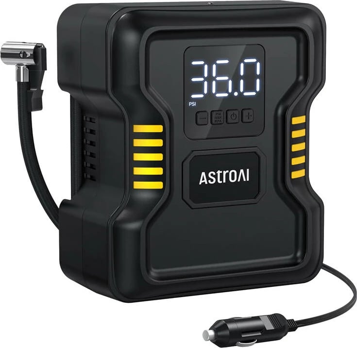 Kompresor ajri portativ AstroAI JY21P160-12, 150 PSI, 120W, me ekran dixhital dhe dritë LED, i zi