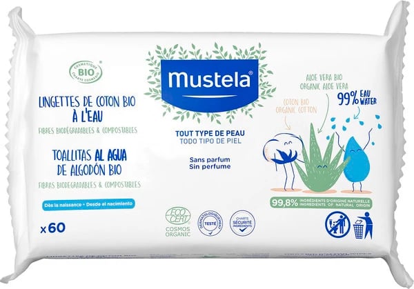 Shami të lagura organike Mustela, 60 copë, unisex