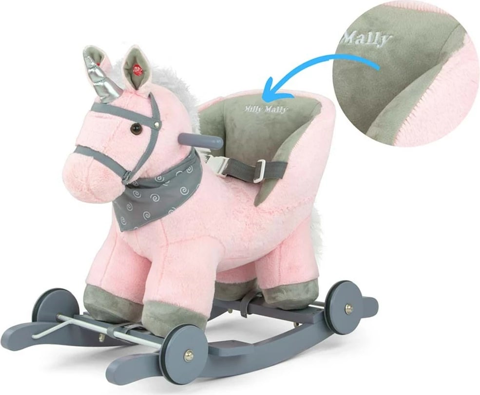 Kalë lëkundës 2‑në‑1, Milly Mally Polly, karrige me rrip sigurie, tinguj, deri 30 kg, 12–36 muaj, rozë