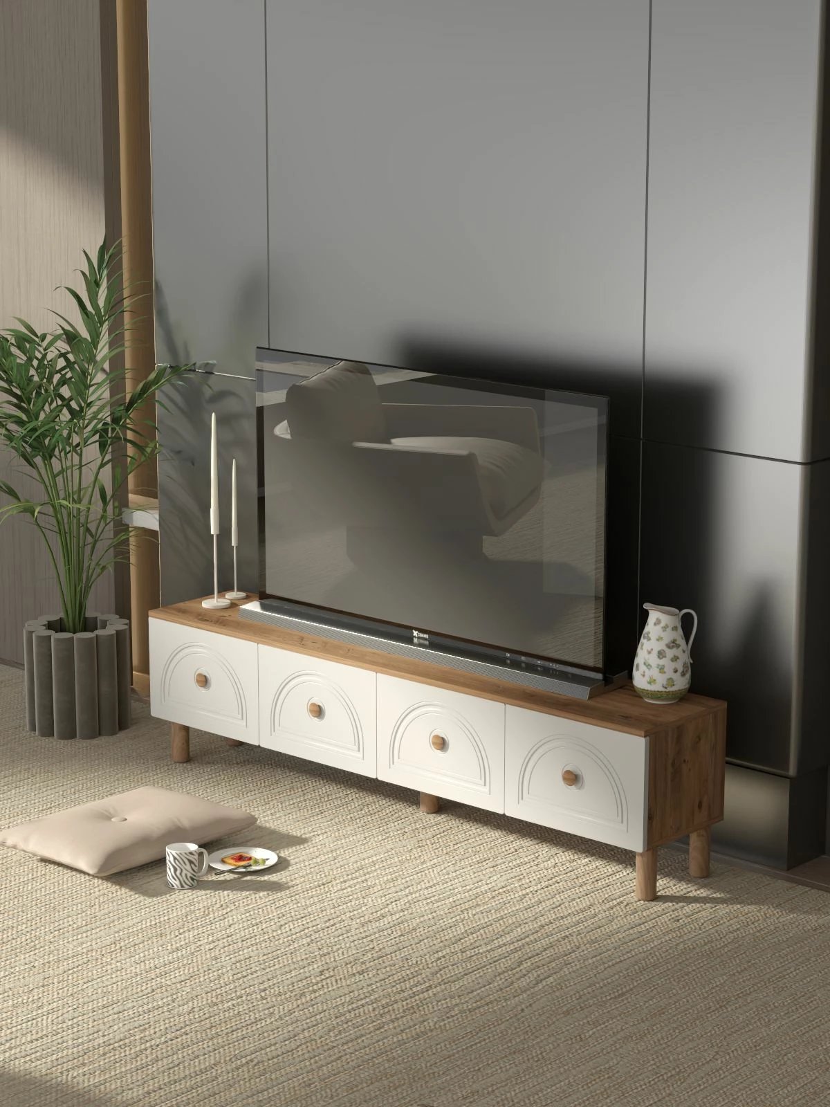 Komodë TV Skye Decor, ngjyrë Atlantic Pine dhe e bardhë, Mavora