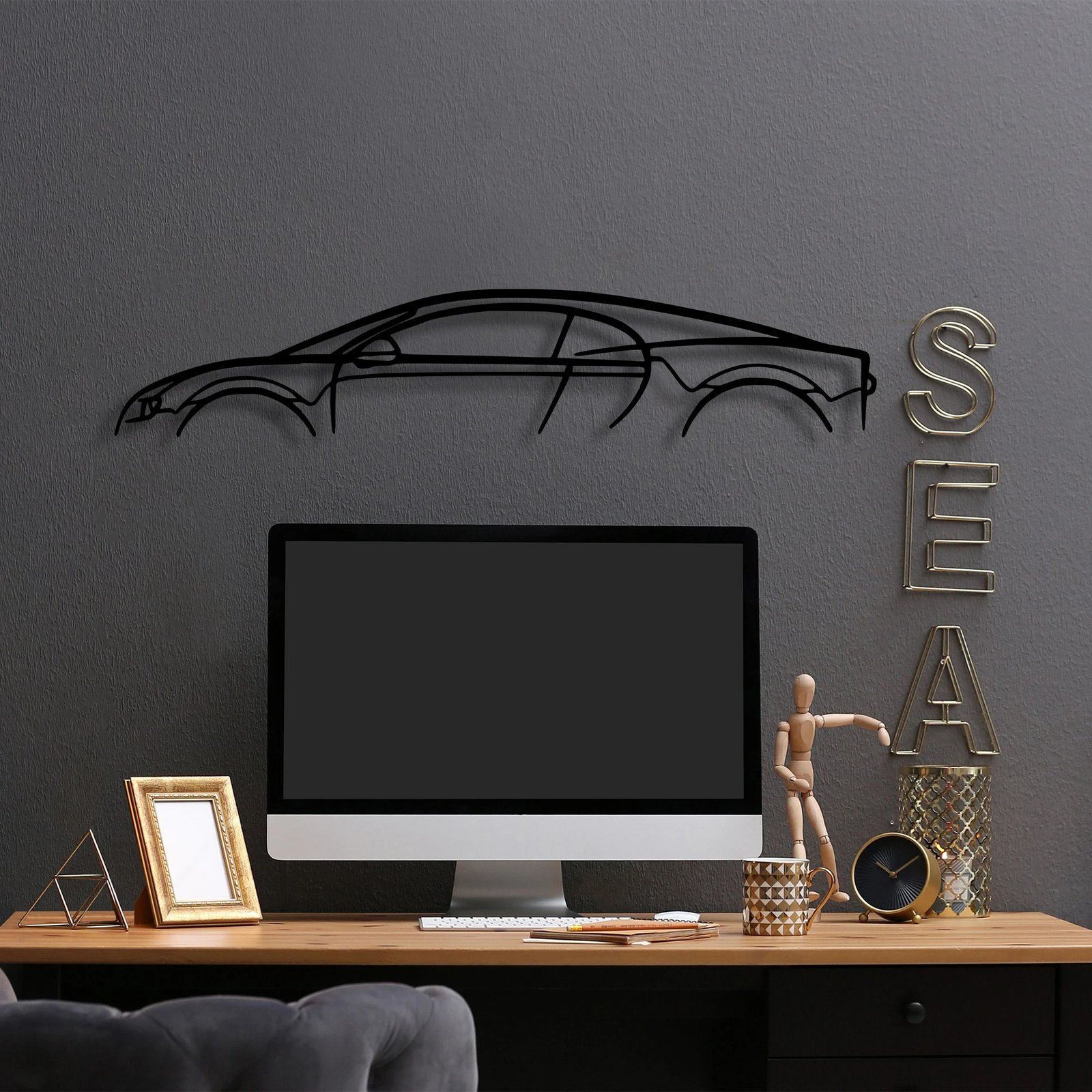 Aksesor dekorativ metalik për mur, siluetë Bugatti Veyron, Wallity