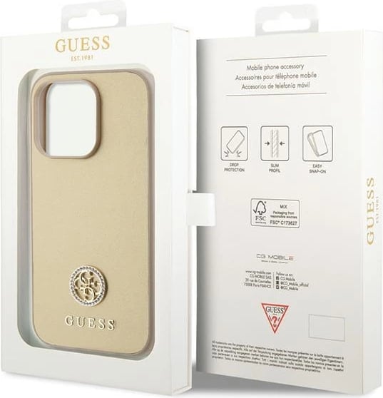 Mbështjellës Guess GUHCP15XPS4DGPD për iPhone 15 Pro Max 6.7", hardcase, Strass Metal Logo, ari