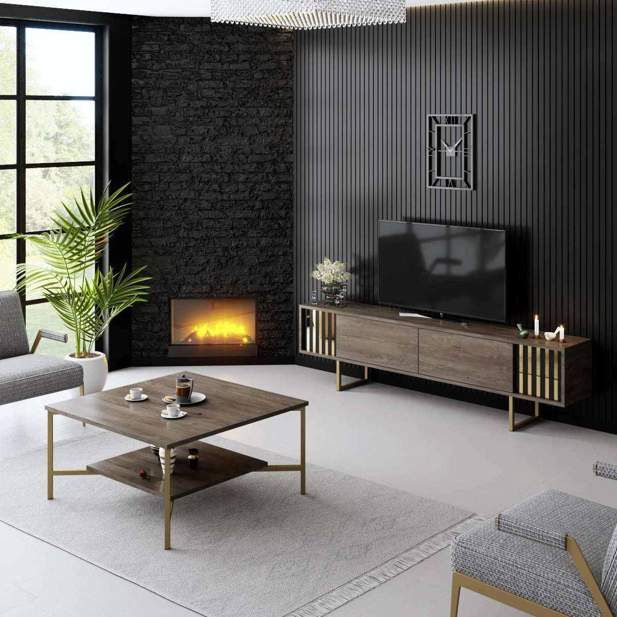 Komodë TV Hanah Home, Gold Line, ngjyrë arre, e zezë