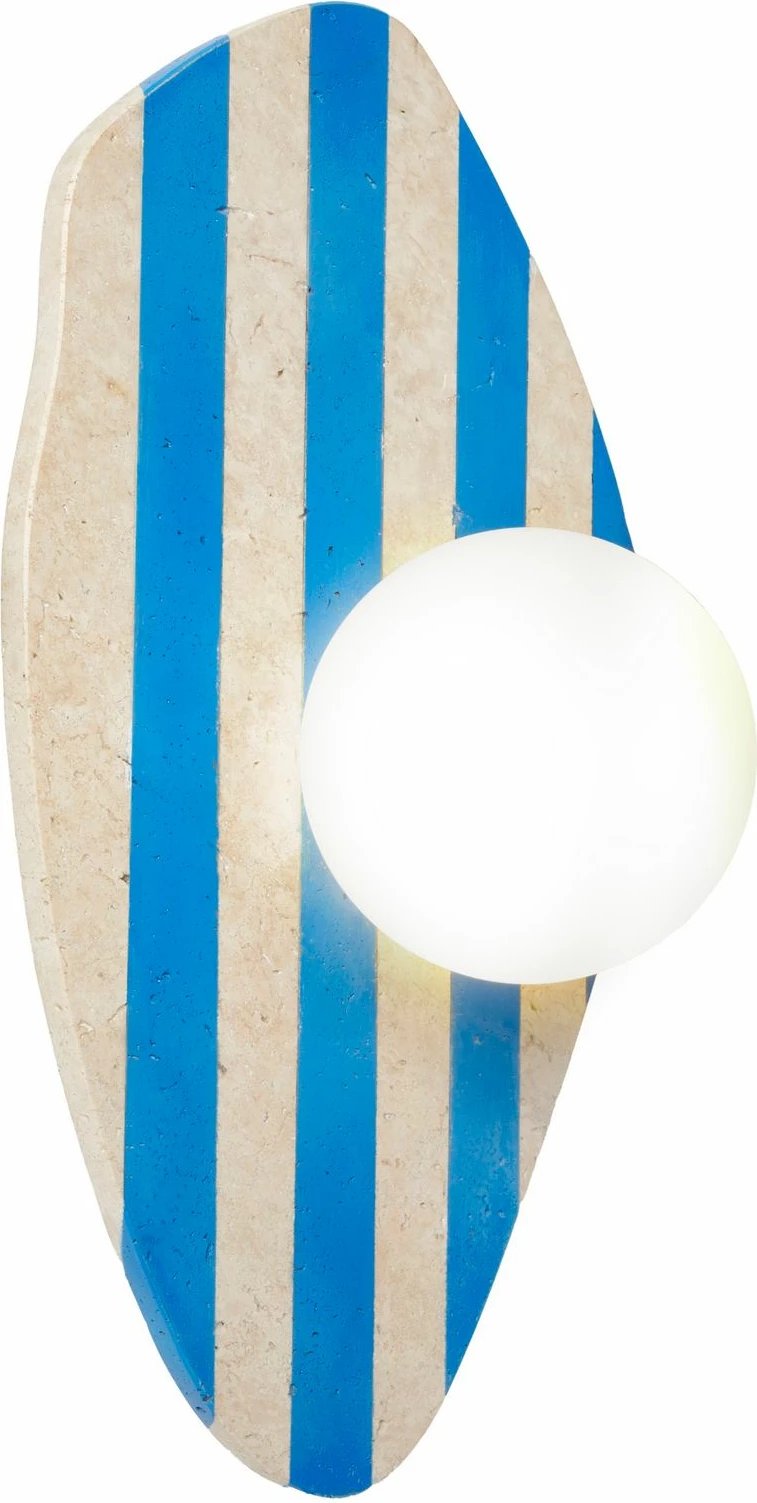 Llambë muri Opviq, Sımple, trup travertine, kapak qelqi, ngjyrë bezhë, bardhë, kaltër