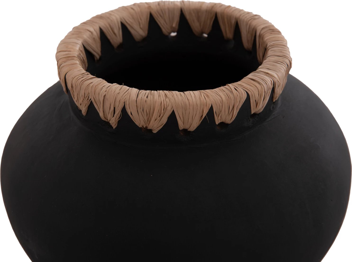 Vazo dekorative RENTON(S), terrakotë, FH4733, ngjyrë e zezë, me thurje kashte në buzë, Φ23x19H cm