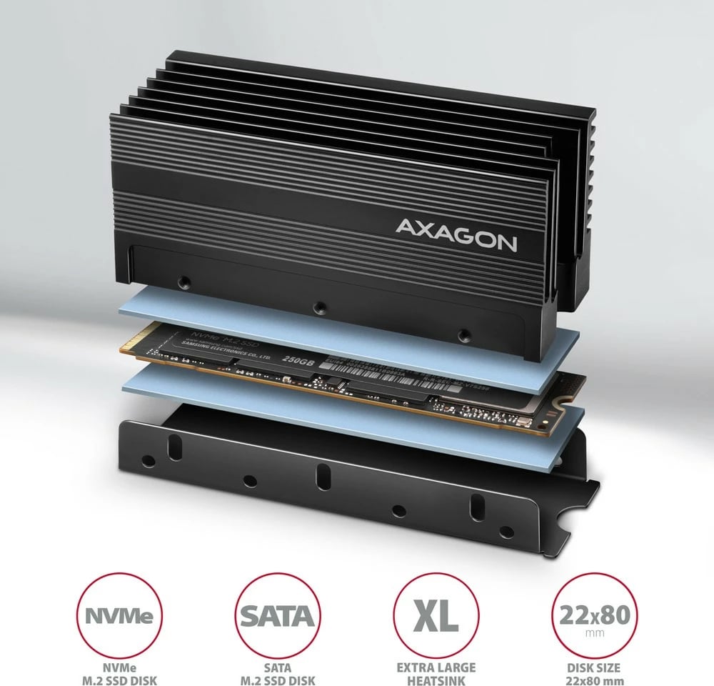 Ftohës pasiv për SSD M.2 AXAGON CLR-M2XL, trup alumini, 22x80mm, i zi