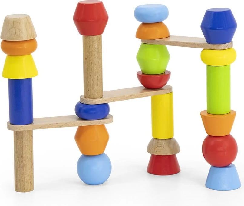 lojë blloqesh druri, Viga Building Towers, 46 copa me 6 karta modeli, kuti ruajtëse druri, shumëngjyrëshe