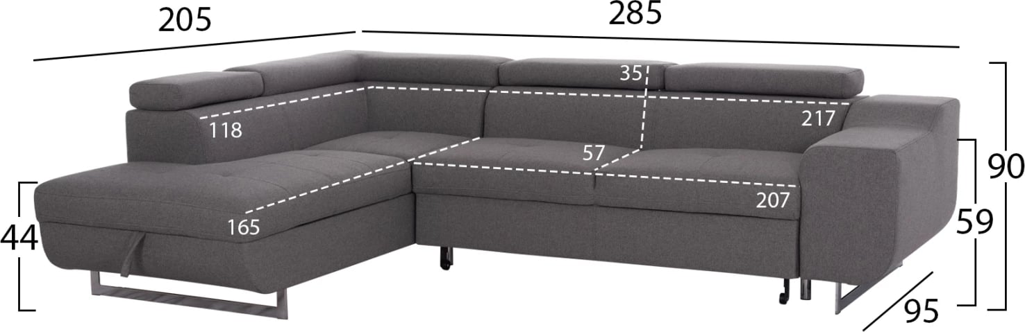 Kënd-sofë me hapësirë për depo, Encore FH3301.01L, material gri, 285x205x90cm