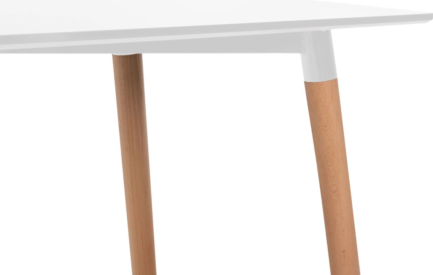 Tavolinë minimaliste për kuzhinë, MDF e bardhë, këmbë druri ahu natyral, 120x60x74cm