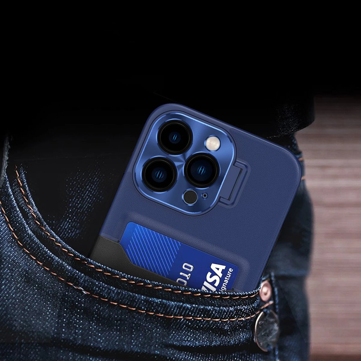 Mbështjellës Hurtel Leather Stand Case për iPhone 14 Pro, me xhep për kartela, me mbajtëse, Blu