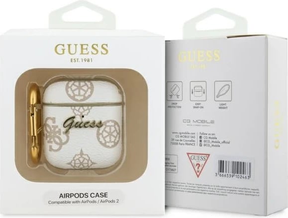 Mbështjellës Guess GUA2PG4GPH për AirPods 1/2, me karabinë, Bardhë