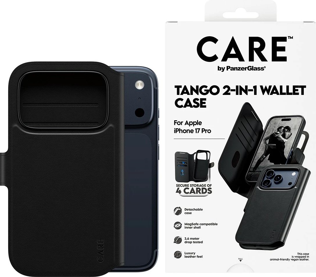 Mbështjellës PanzerGlass CARE Feature Case Tango 2in1 Wallet MagSafe për iPhone 17 Pro, i zi