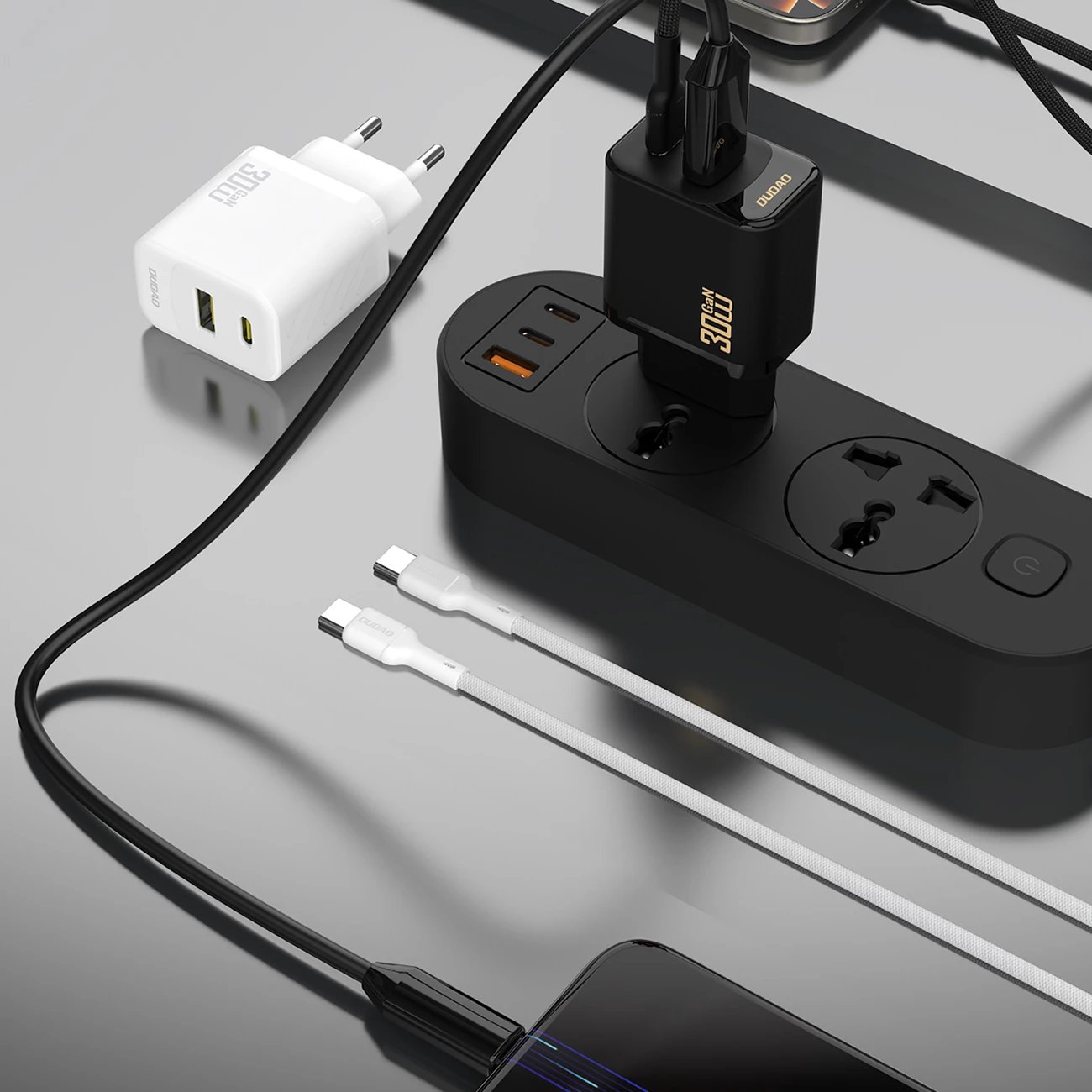 Karikues muri GaN, Dudao A27TCEU, PD 30W, 2 porta USB-C + USB-A, me kabllo USB-C 1 m, bardhë