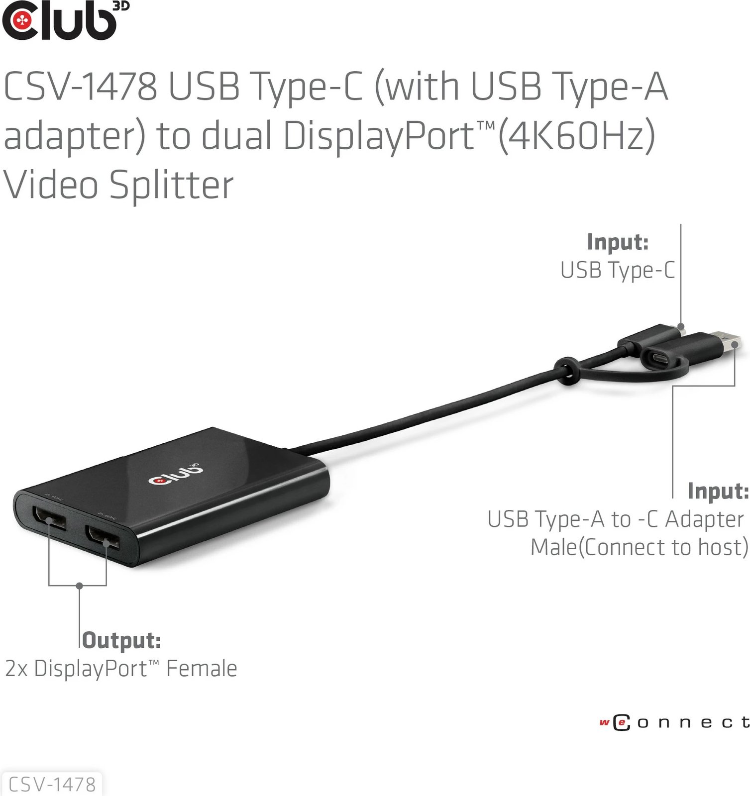 Adapter Club3D USB-C/USB-A në 2x DisplayPort 4K, i zi Adapter Club3D USB-C/USB-A në 2x DisplayPort 4K, i zi