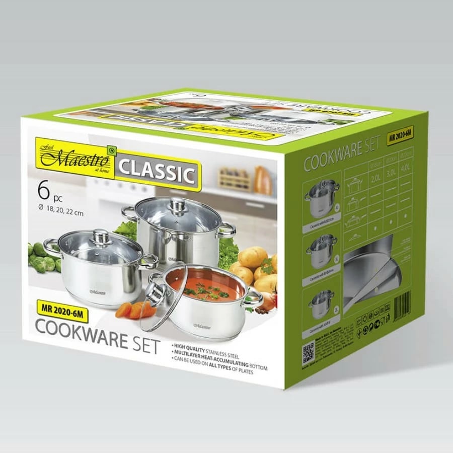 Set tenxheresh, Feel-Maestro MR-2020-6M, çelik inox, për të gjitha pianurat, 18/20/22 cm, argjendtë, set 6 copë