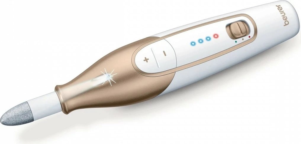 Set manikyr/pedikyr, Beurer MP64, pa kabllo, 3 shpejtësi, 10 koka, LED, bateri deri 120 min, Gold/White