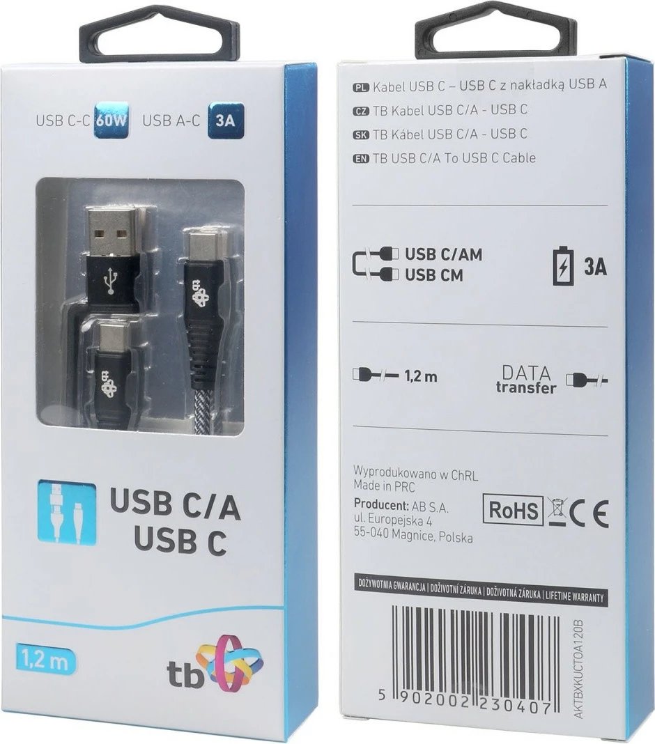 Kabllo 2-në-1 TB USB C në USB C me adapter USB A, 1.2 m, e zezë