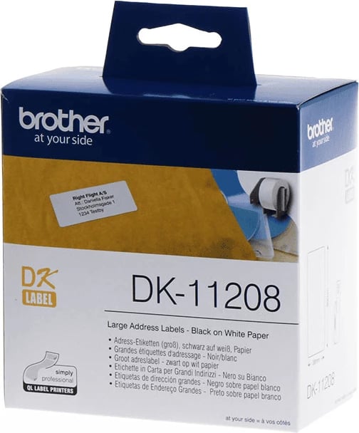 Etiketa adrese Brother DK-11208 (DK11208), 38 x 90 mm, e zezë mbi të bardhë
