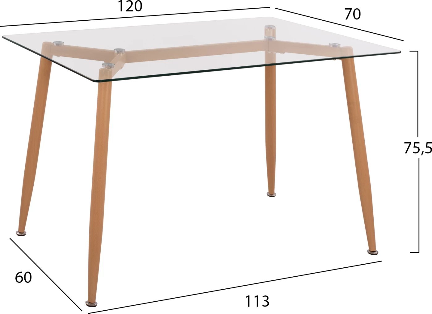Tavolinë kuzhine metalike me këmbë natyrale dhe xham FH8498.02 120x70x75.5cm