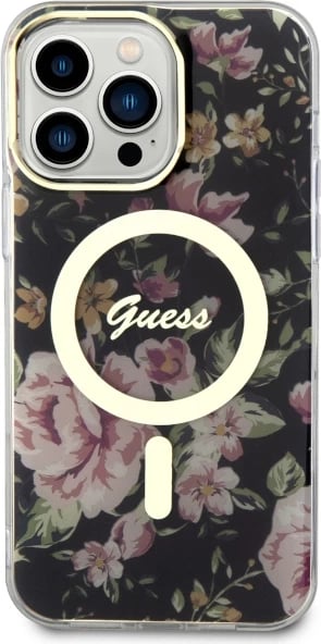 Mbështjellës Guess GUHMP14XHCFWSK për iPhone 14 Pro Max 6.7", MagSafe, lule, zi Mbështjellës Guess GUHMP14XHCFWSK për iPhone 14 Pro Max 6.7", MagSafe, lule, zi