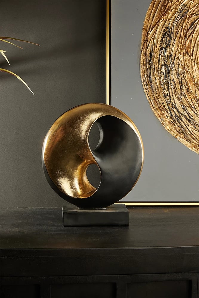 Dekor yin yang, totem, polirezine, ngjyrë ari e zezë, 27x10x31cm