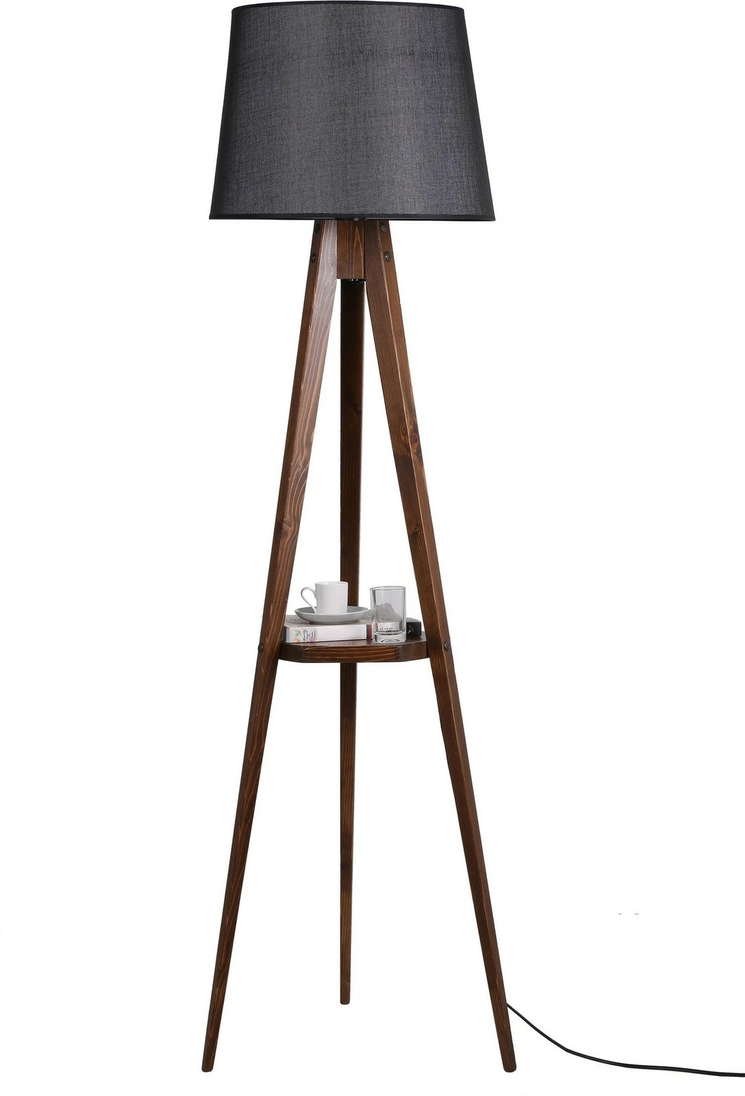 Llambë dyshemeje tripod, trup druri, raft, kapak tekstili, ngjyrë e zezë dhe arre, 160cm