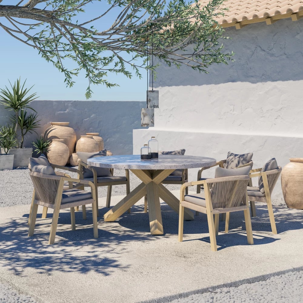 Tavolinë Terrazzo, sipërfaqe terrazzo, këmbë dru eukalipt, 150x150x76.3cm