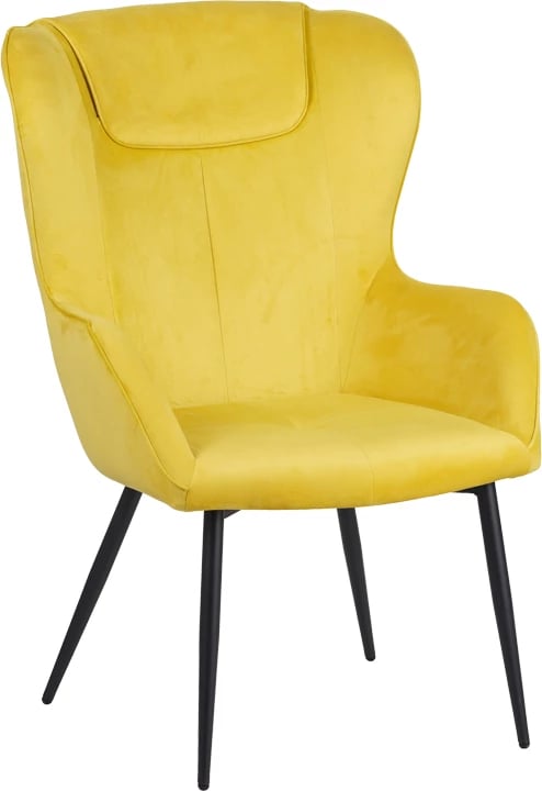 Karrige me mbështetëse për këmbë Rueda kadife ngjyrë e verdhë me këmbë metali të zezë 71.5x66.5x99cm