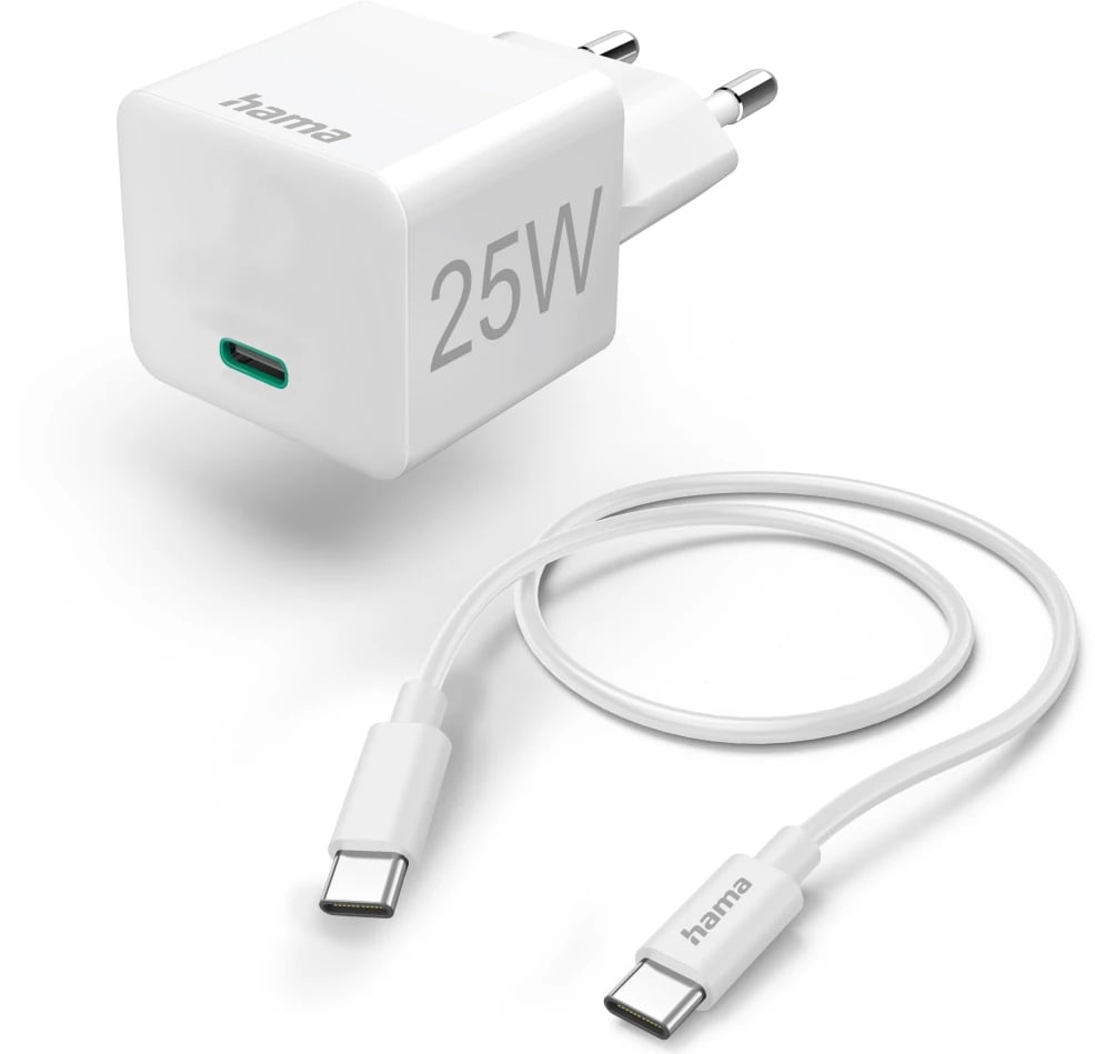 Mini karikues i shpejtë Hama me kabllo USB-C, PD, 25W, 1.5m, i bardhë