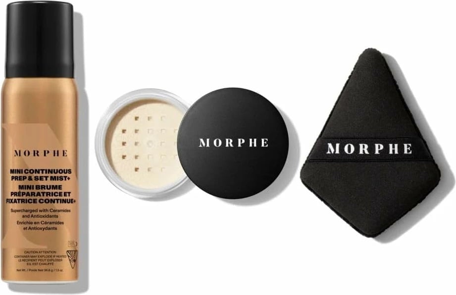 Morphe Set – Continuous Prep & Set Mist + Translucent Setting Powder + Highlight & Contour Sponge