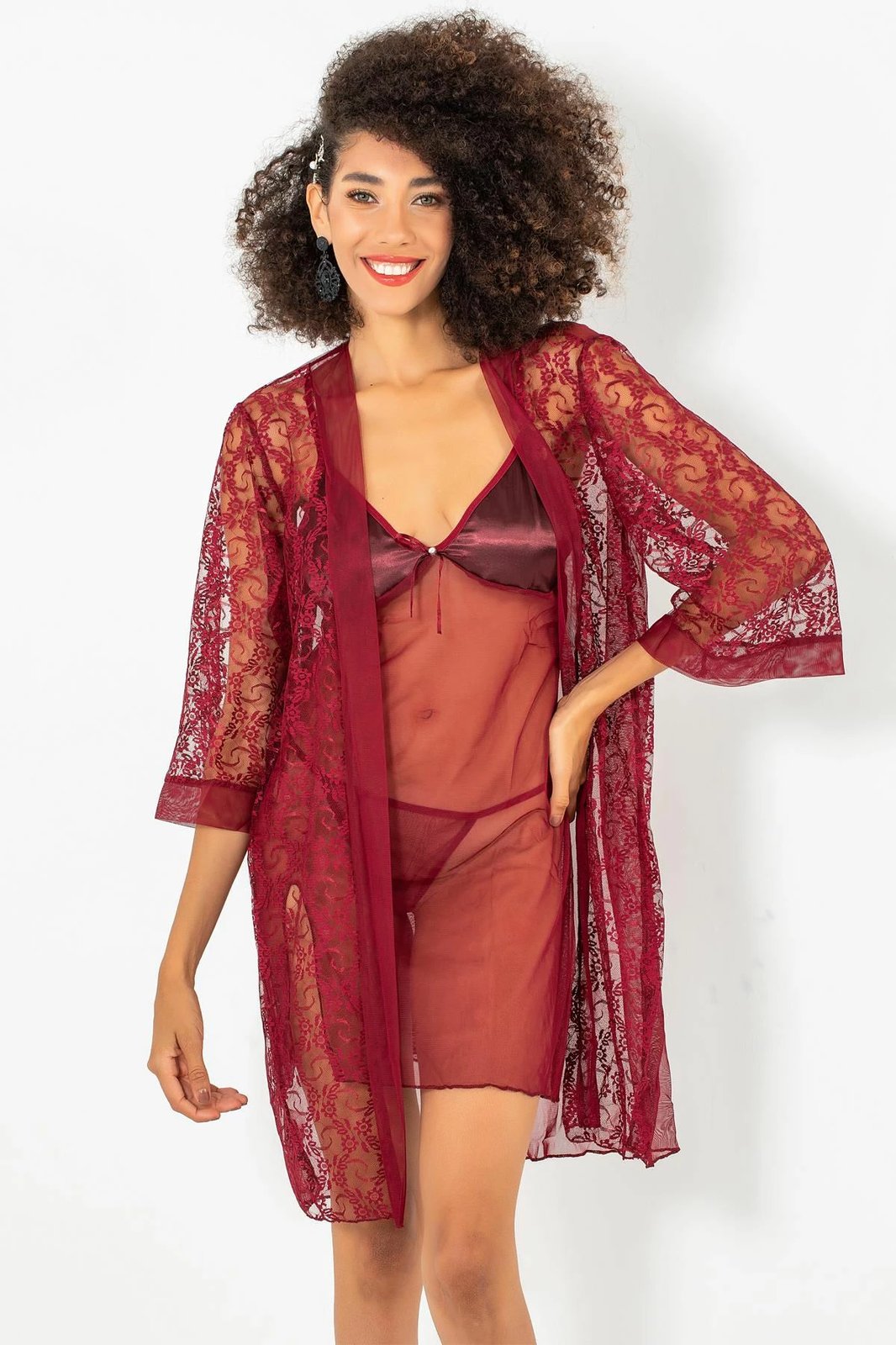 Set fustan nate me mantil mëngjesi Jumeon, ngjyrë e kuqe Claret, 011-008003
