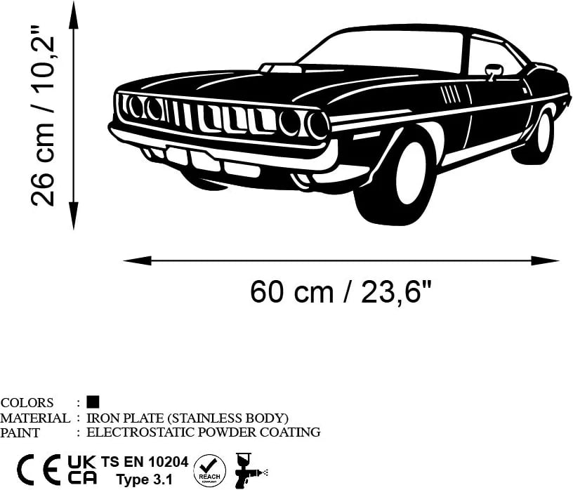Aksesor dekorativ metalik për mur, Plymouth Barracuda 1971, ngjyrë e zezë, 60x26cm