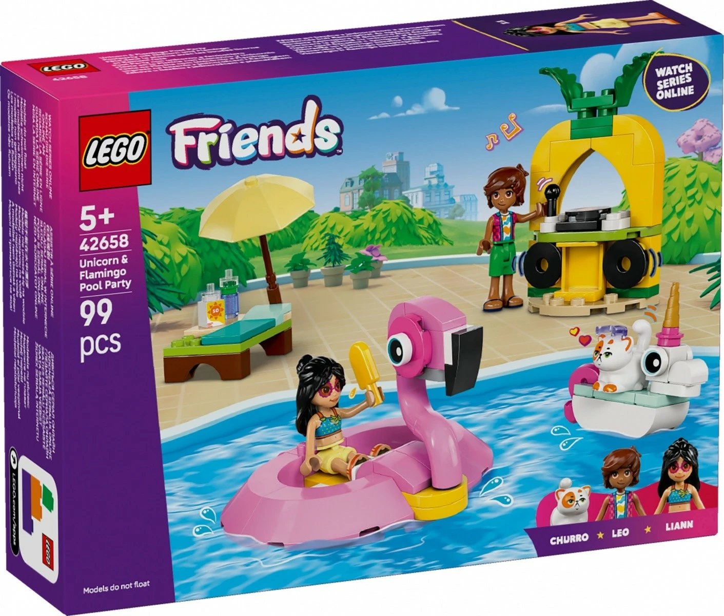 Set ndërtimi LEGO Friends 42658, Festa në pishinë me njëbrirësh dhe flamingo, 99 pjesë