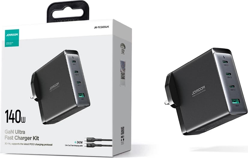 Karikues mur Joyroom JR-TCG05UK GaN, 140W, 3x USB-C, 1x USB-A, me kabllo USB-C/USB-C 240W 1.2m, i zi